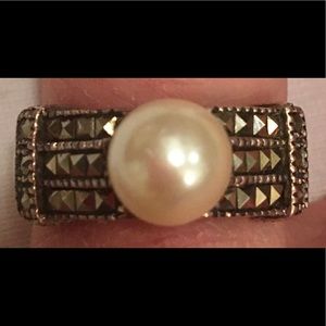 Pearl, Marcasite, and Sterling Silver Ring